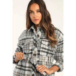 Lulus Women's Seasonal Moves Plaid Collared Belted Shacket Blue Grey XS NWOT